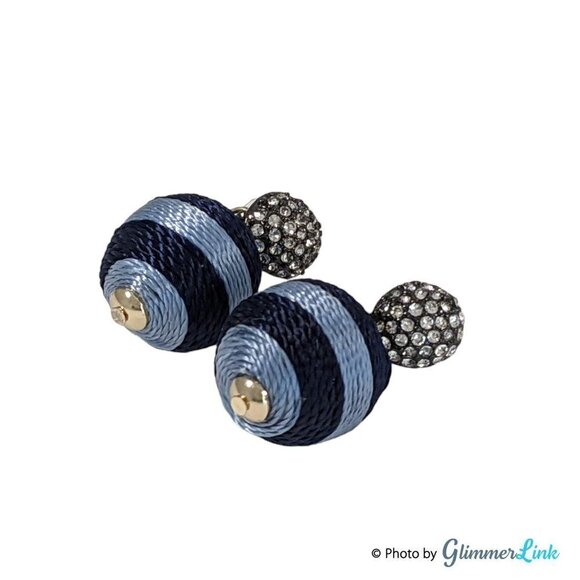 Blue Striped Thread Wrapped Ball Bead Bon Bon Dangle Earrings With Pave Studs - Picture 3 of 8